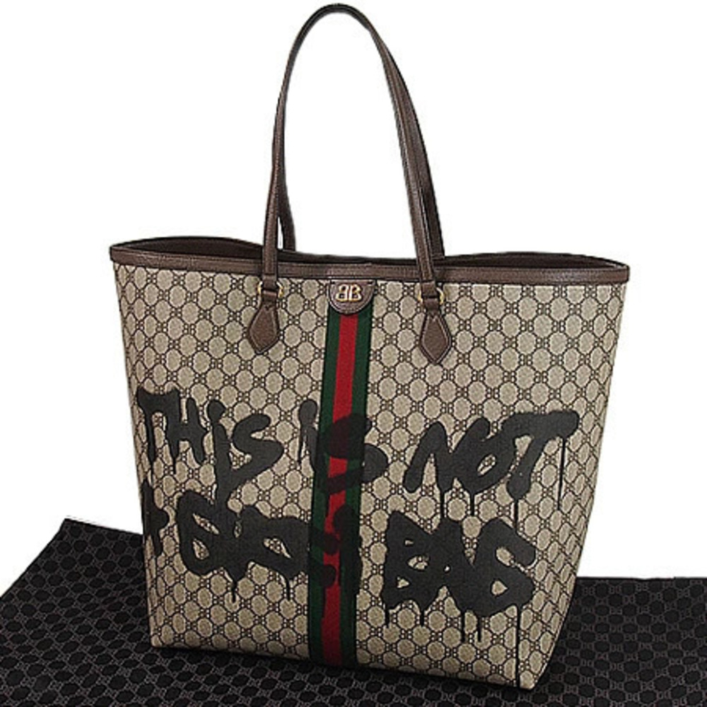 Gucci Collaboration Hacker Graffiti Tote Bag Limited Edition Leather Black Brown